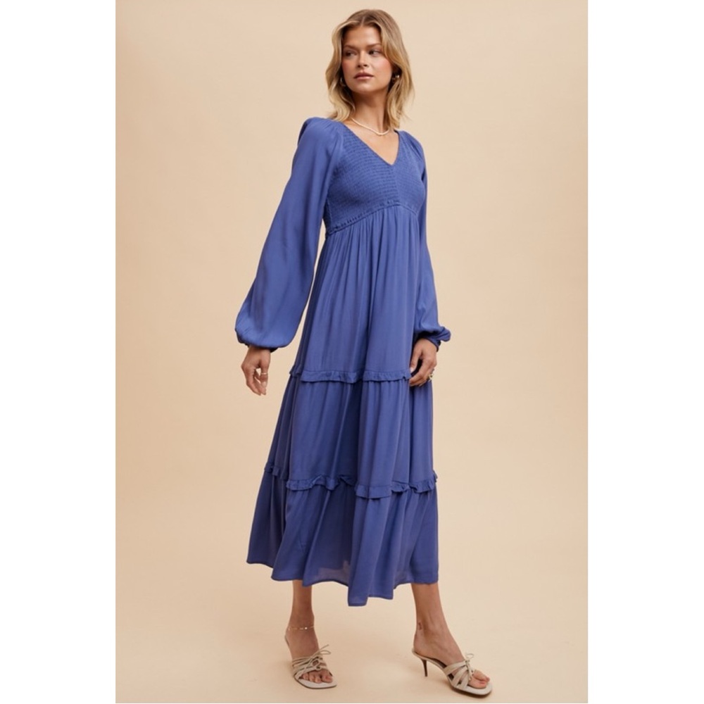 802 - Long Sleeve Smocked V-Neck Maxi Dress - Blue